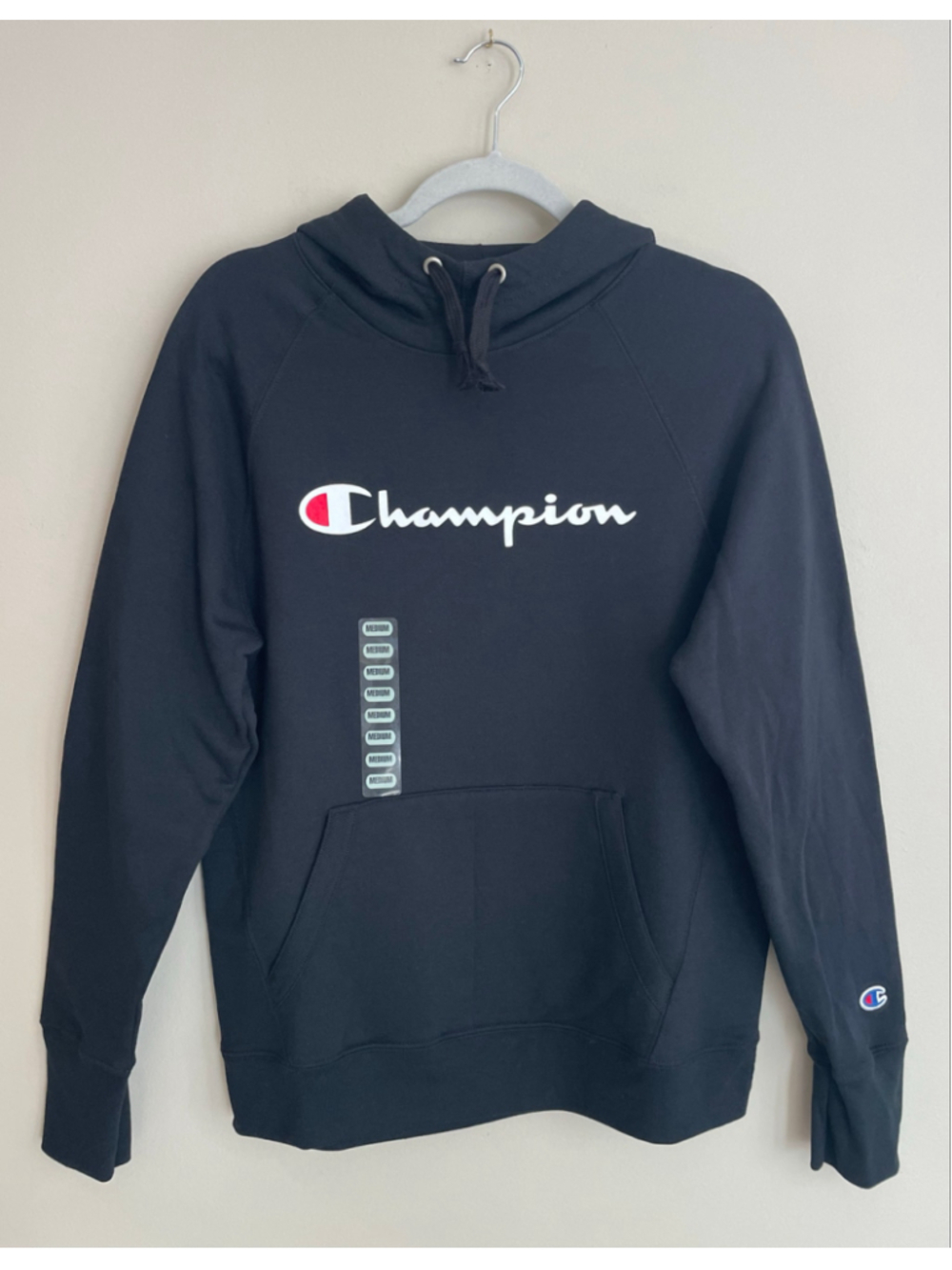 Champion Powerblend Hoodie Women’s M Black Script Logo Fleece Pullover NWT